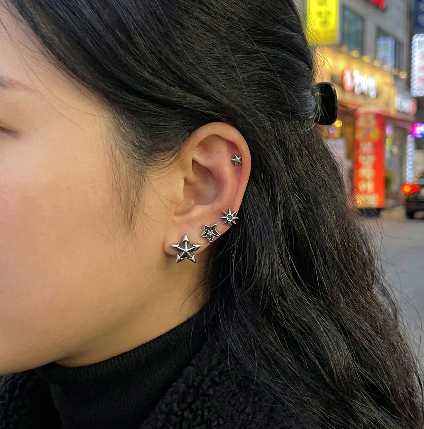 Vintage Y2K Chunky Star Barbell Stud Earrings - Surgical Steel Post, 4 Edgy Designs for Ear Stacking