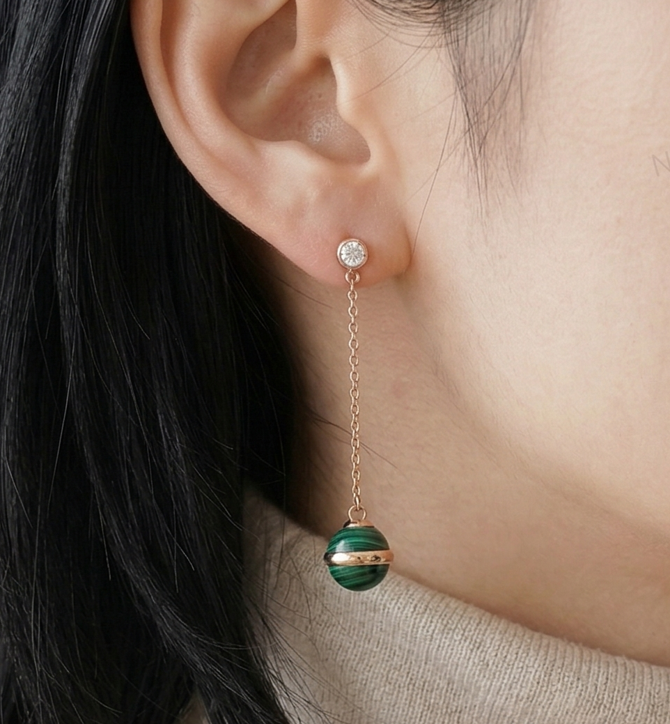 Natural Malachite Drop Earrings — Rose Gold Chain & CZ Stud