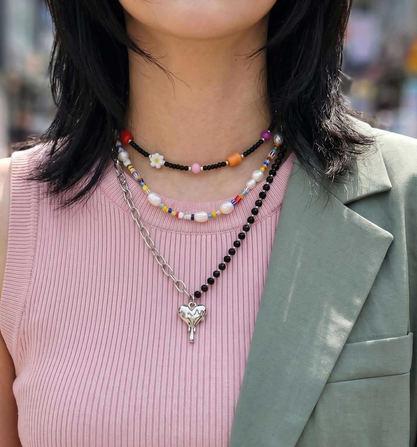 Colorful bead layered necklace stack with melting heart black crystal chain pendant, Y2K spring street festival look