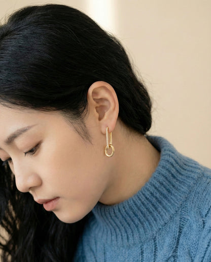 Brass Pavé CZ Oval Link Drop Huggie Hoop Earrings - Gold & Silver