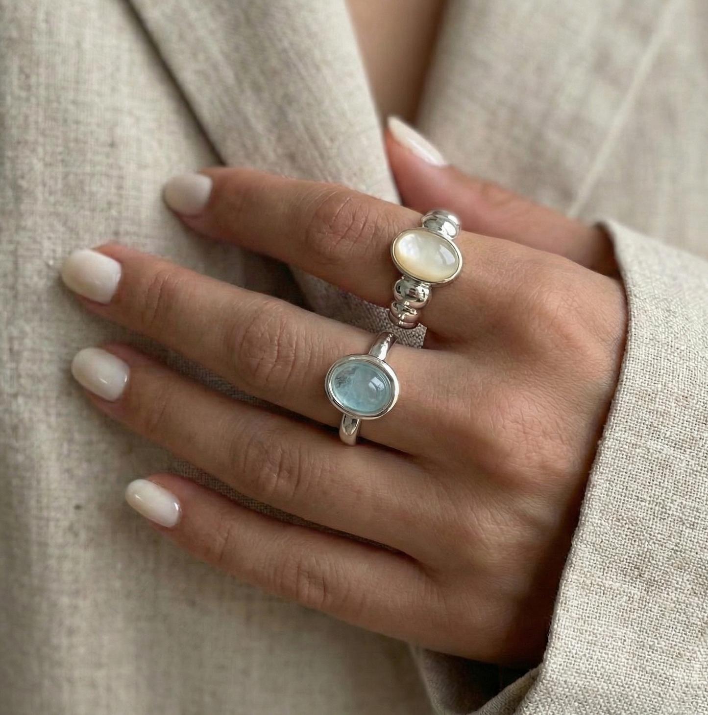 925 Sterling Silver Aquamarine Ring - Adjustable Natural Gemstone Open Ring