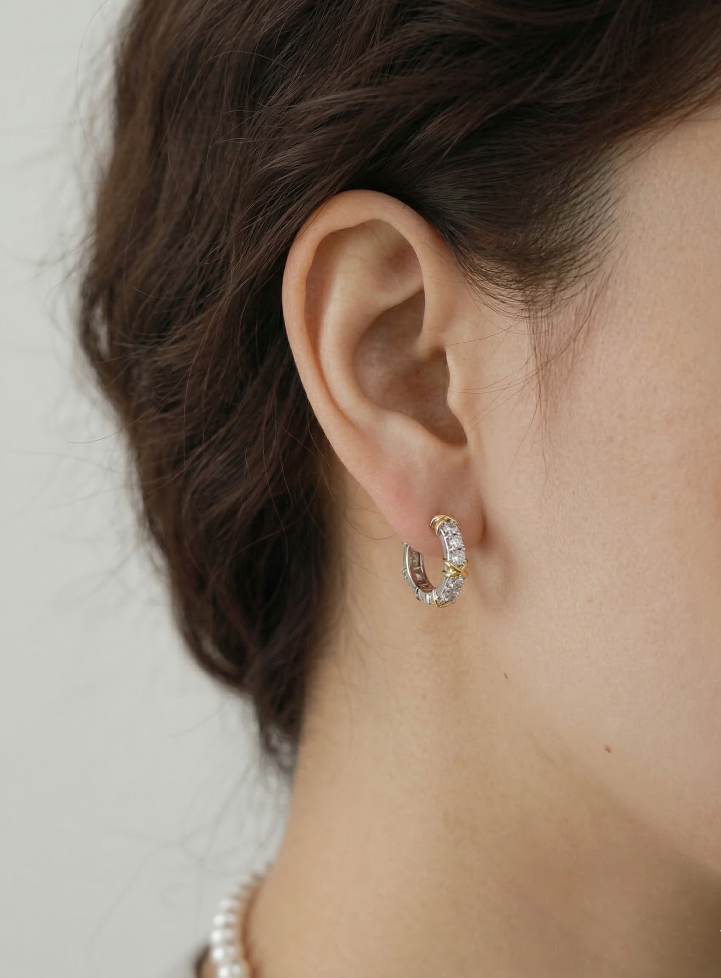 Two-Tone CZ Criss-Cross Huggie Hoop Earrings – 925 Sterling Silver, Gold X Detail