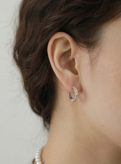 Two-Tone CZ Criss-Cross Huggie Hoop Earrings – 925 Sterling Silver, Gold X Detail