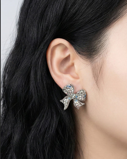 Vintage Kitsch Bow Earrings - Chunky Retro Ribbon Statement Studs with Sparkling Crystals