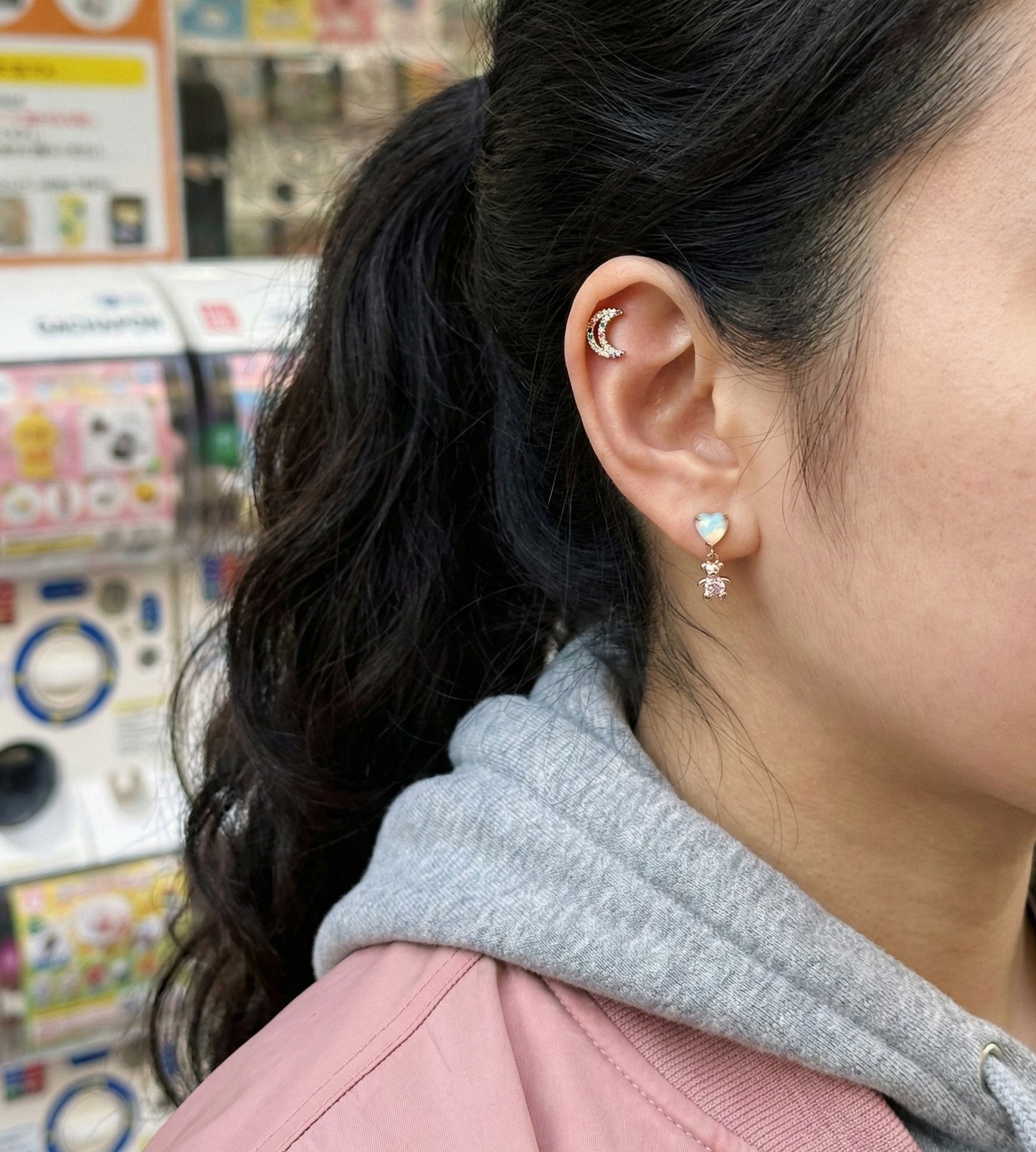 Aurora Heart & Teddy Bear Dangle Barbell Piercing | Titanium Post