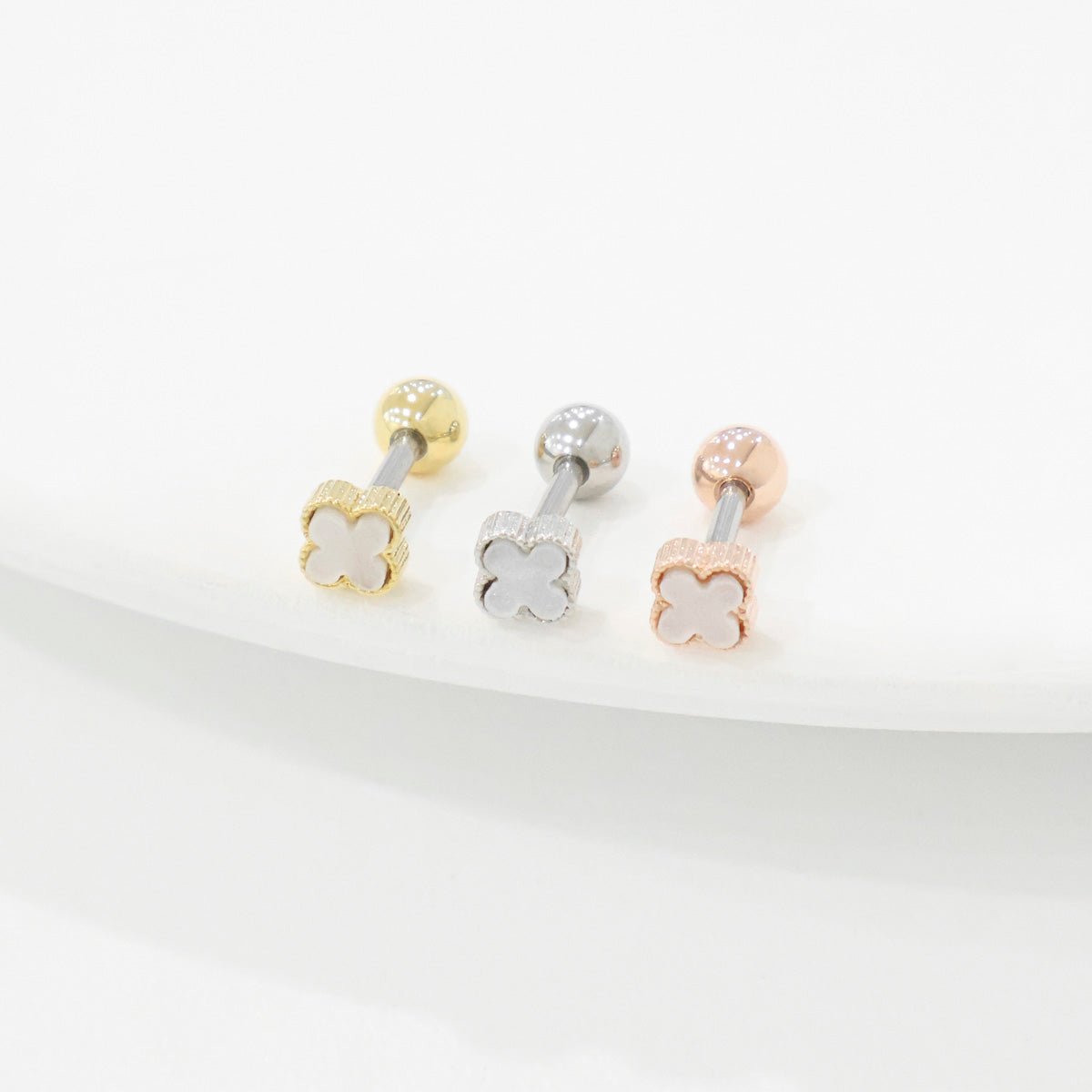 White mother of pearl four leaf clover piercing in gold silver rose gold plated frames titanium post product photo