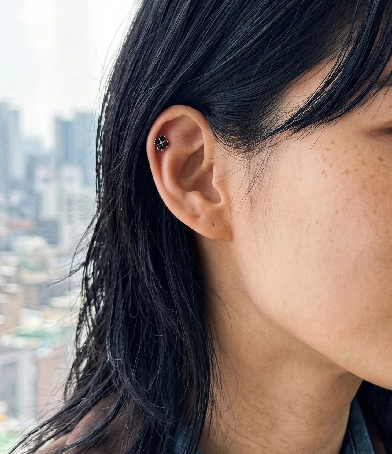Black Clover Barbell Stud | Brass + Surgical Steel | K-Style Ear Stack (Single)