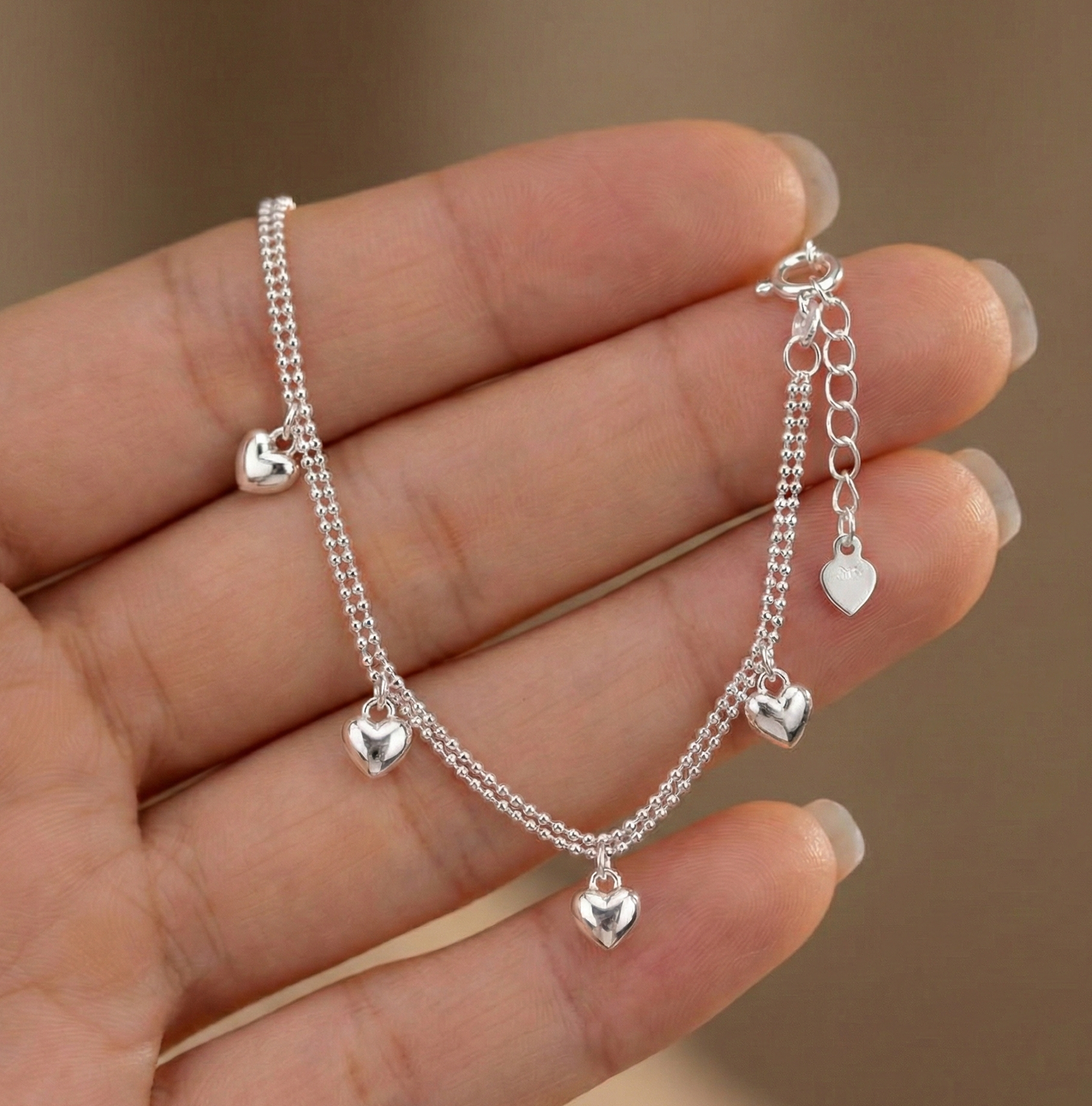 925 Sterling Silver Heart Charm Bracelet - Double Chain Puffed Hearts