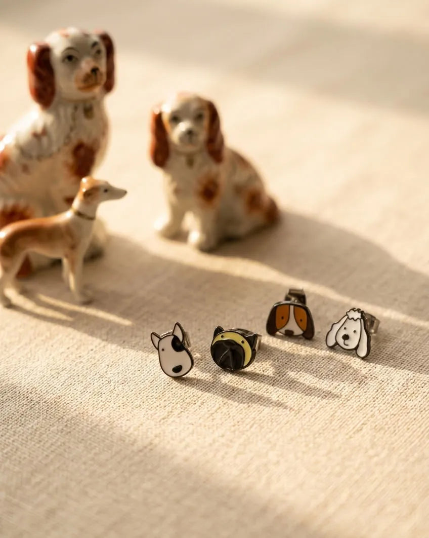 Bull terrier, French bulldog, beagle and poodle enamel stud earrings flat lay with vintage ceramic dog figurines — dog mom gift, handmade Korea