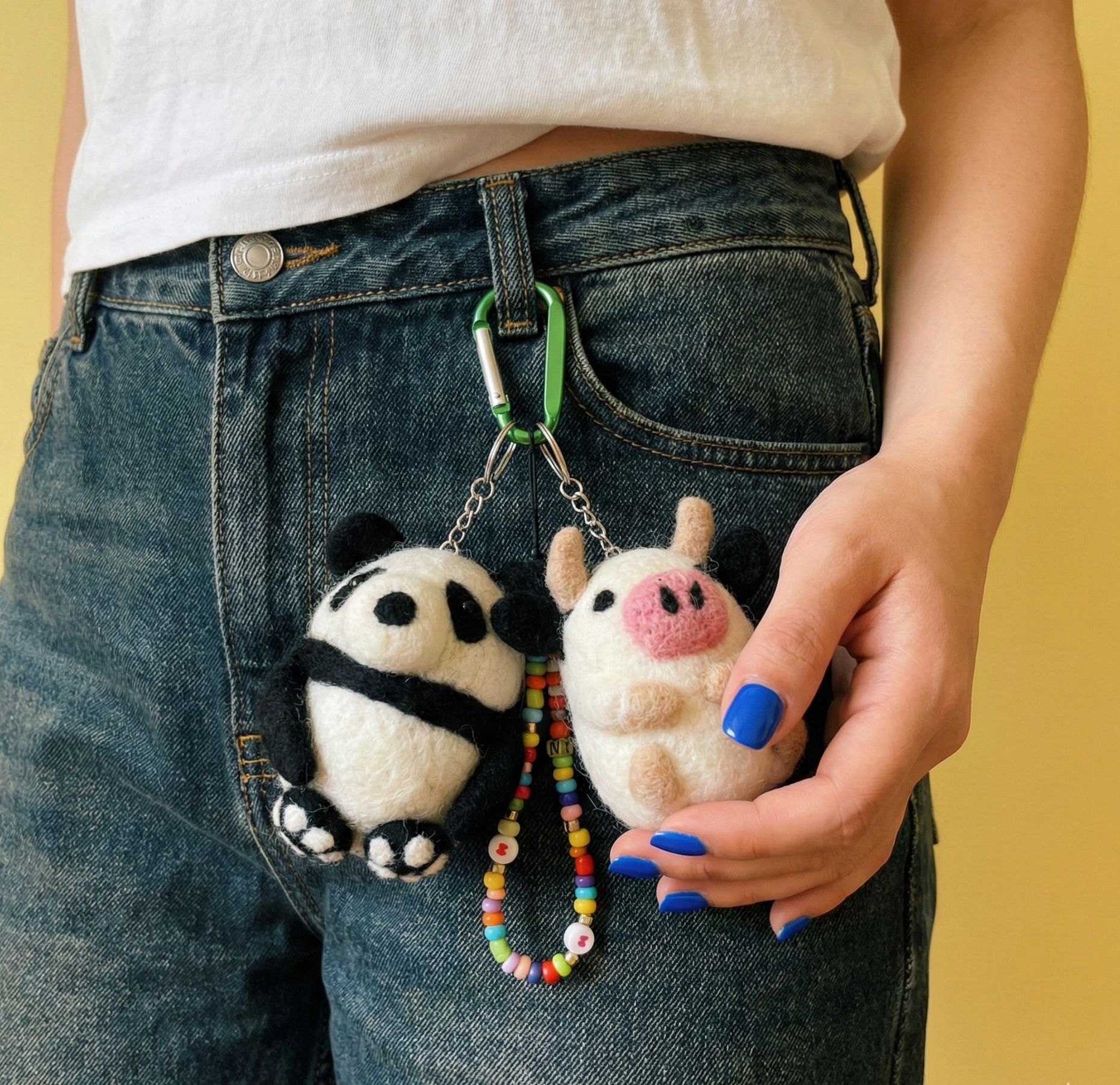 Panda and cow wool felt keychains attached to denim jeans belt loop with colorful beaded keychain Y2K styling"
