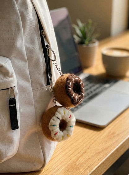 Chocolate and vanilla donut wool felt keychains on cream canvas backpack zipper, minimalist bag charm  