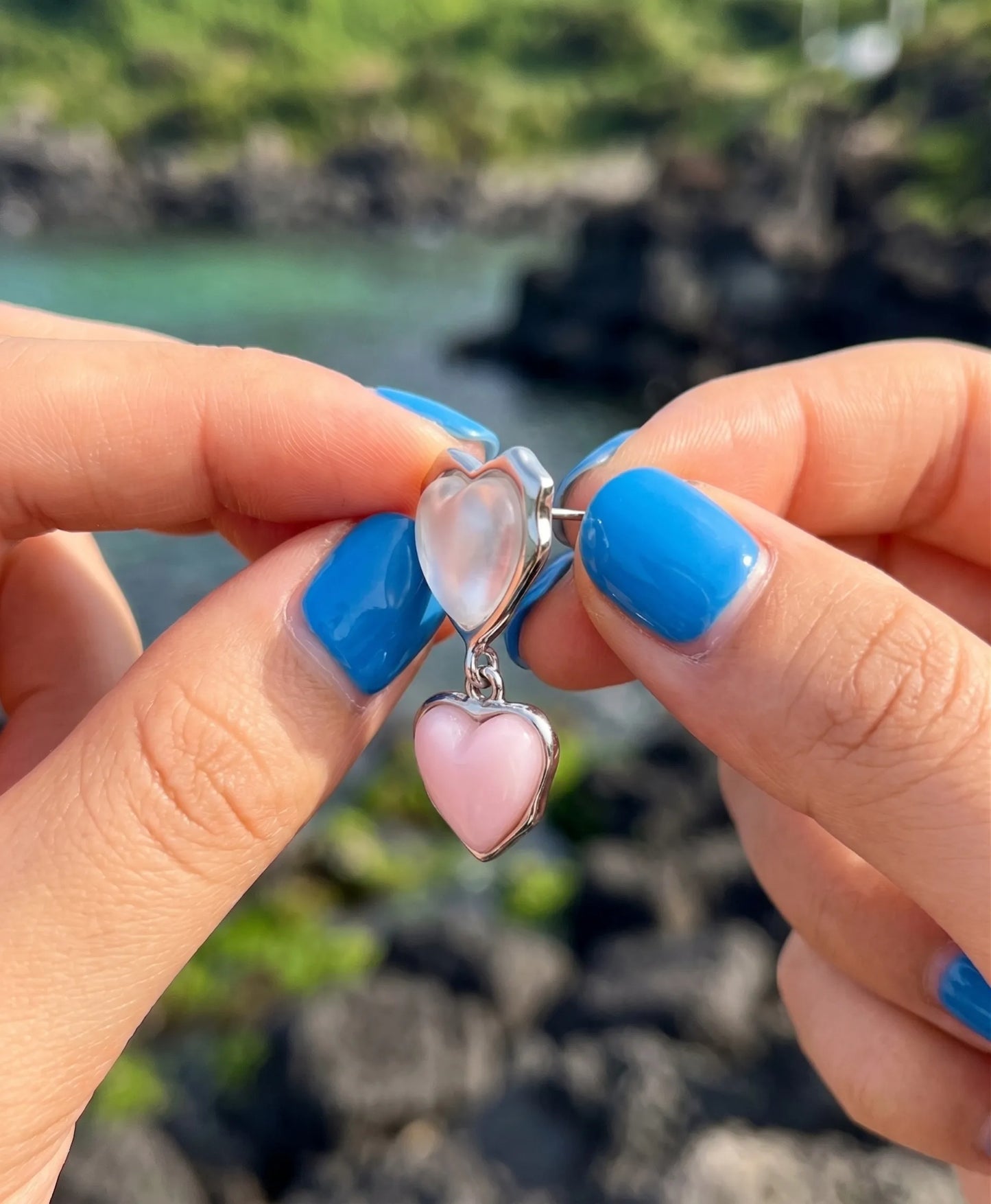 Chunky Double Heart Drop Earrings – Pearl & Color Block