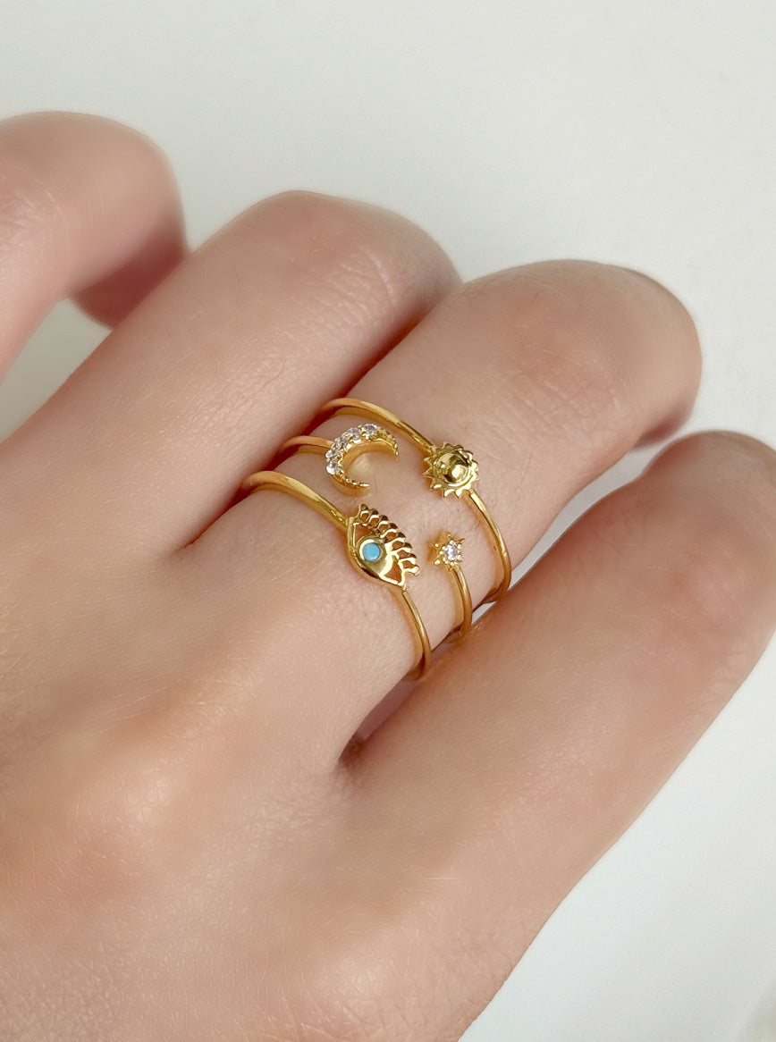 Bold Celestial Evil Eye Sun Moon Star Layered Brass Ring – Made in Korea