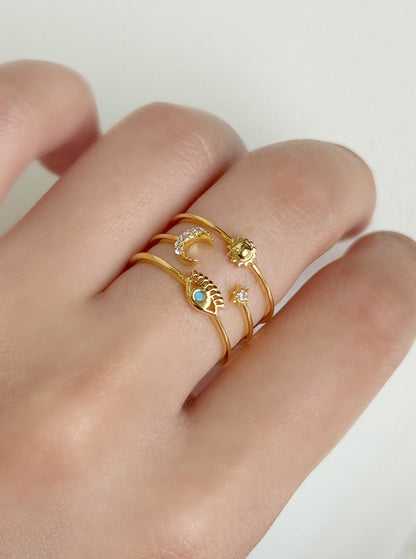 Bold Celestial Evil Eye Sun Moon Star Layered Brass Ring – Made in Korea