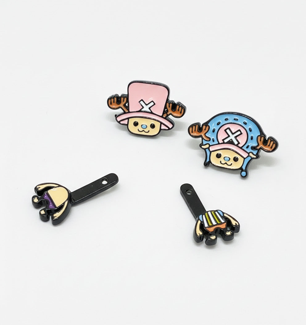 Front-back design components of Chopper earring set showing all separate face and body parts for both colors