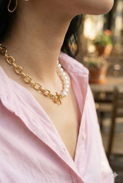 Half Pearl Half Chain Toggle Choker - Mixed Media Statement Necklace