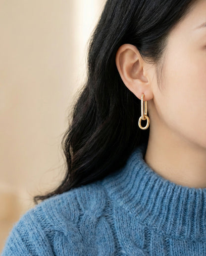 Brass Pavé CZ Oval Link Drop Huggie Hoop Earrings - Gold & Silver