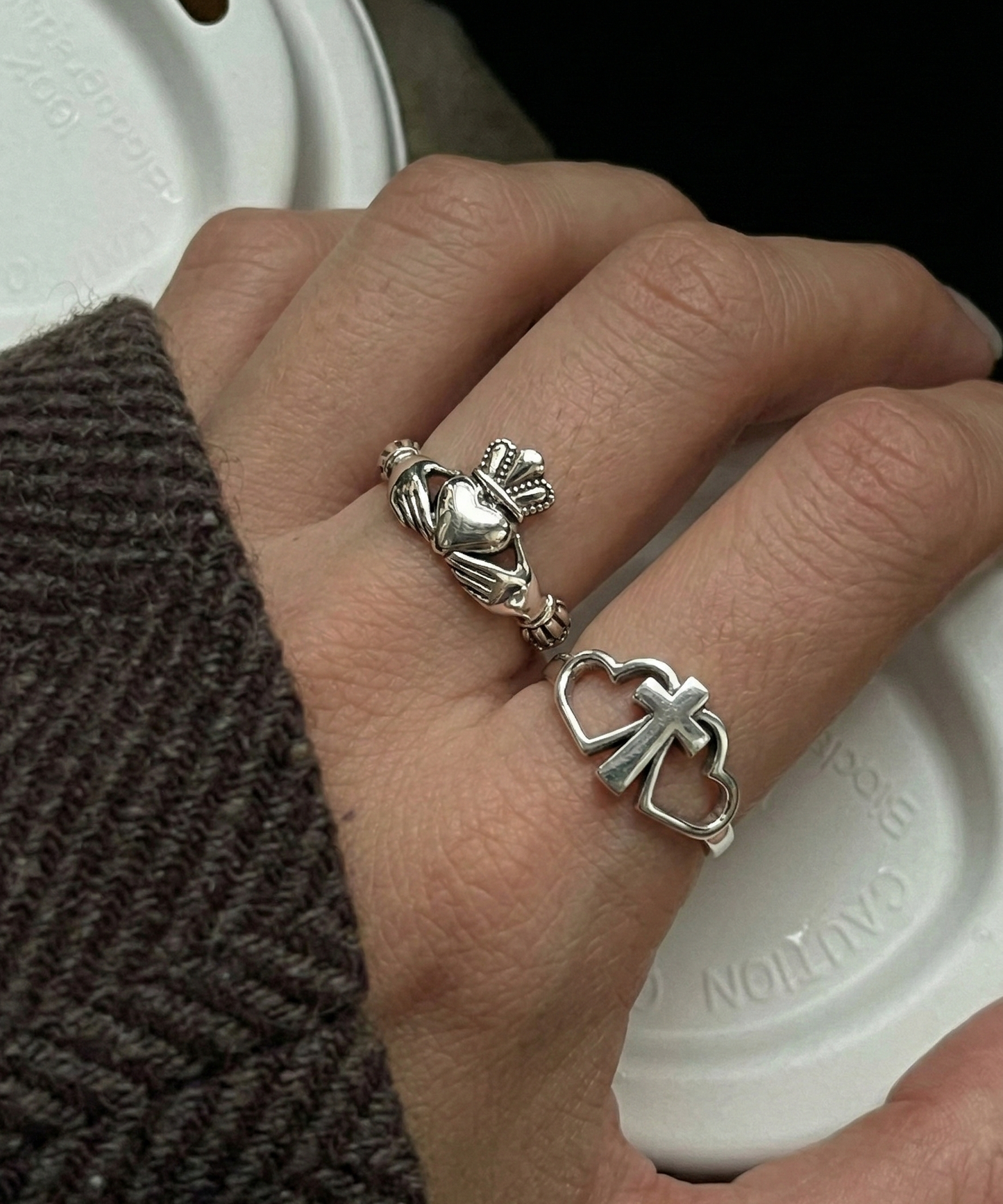 925 Sterling Silver Vintage Ring - Claddagh, Cupid Arrow & Heart Cross