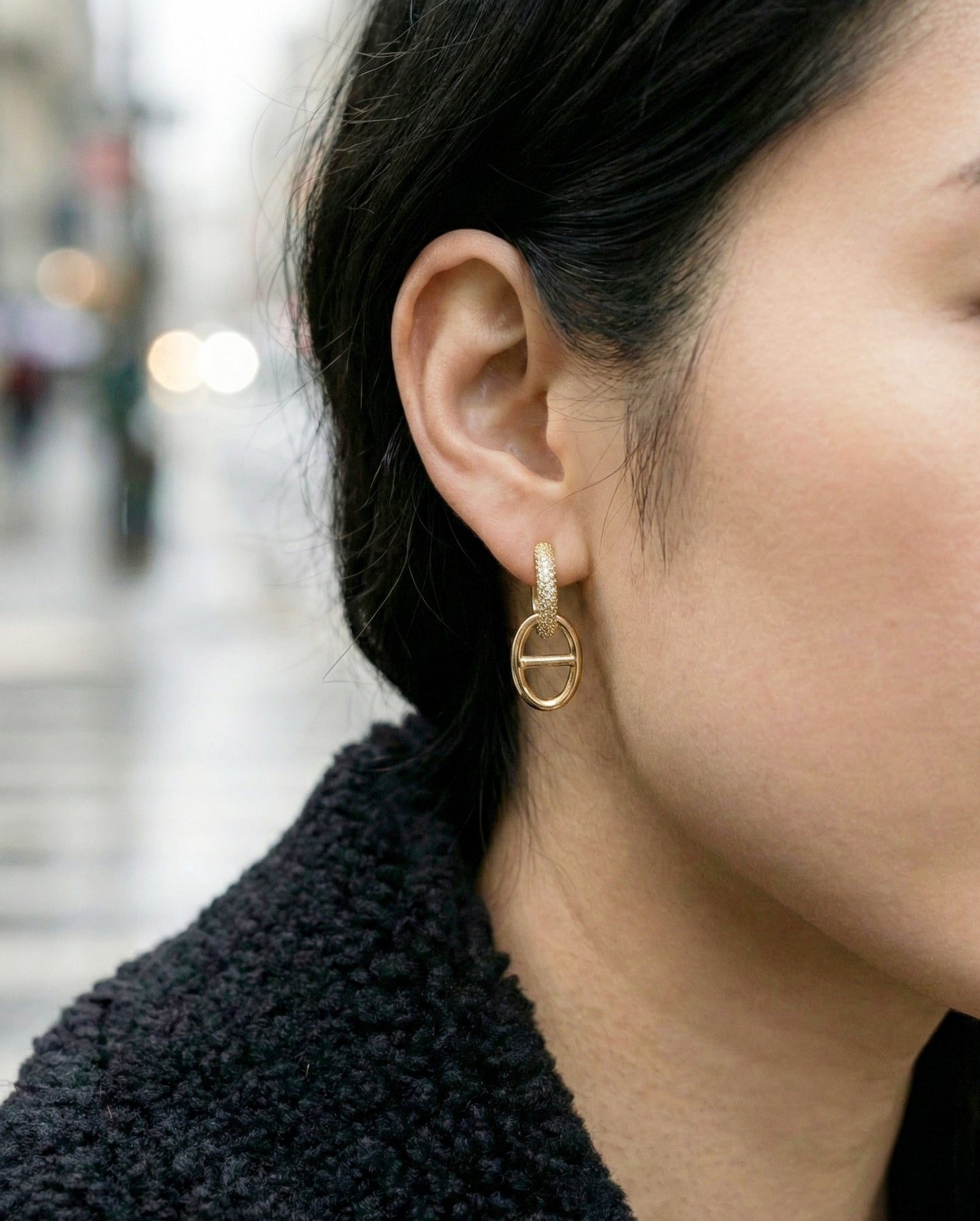 Pavé CZ Anchor Link Huggie Drop Earrings | Gold & Silver