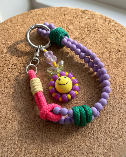 Handmade Smile Flower Beaded Strap Bag Charm Keychain – 4 Colors