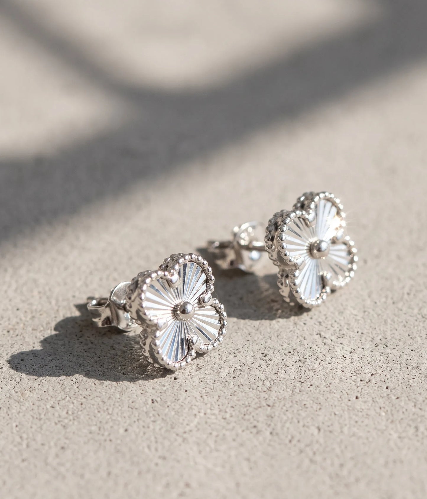 925 Silver Milgrain Clover Stud Earrings — Made in Korea