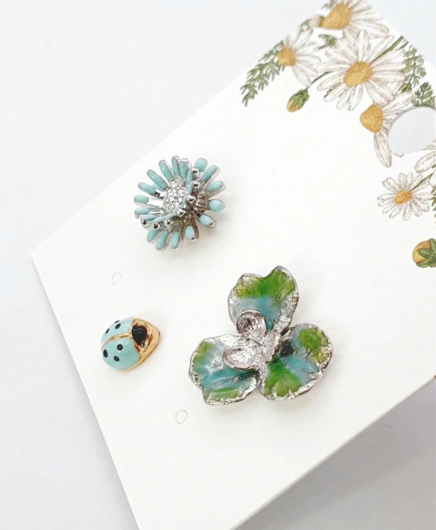 Handmade Asymmetrical Daisy & Ladybug Earring Set (3pcs)