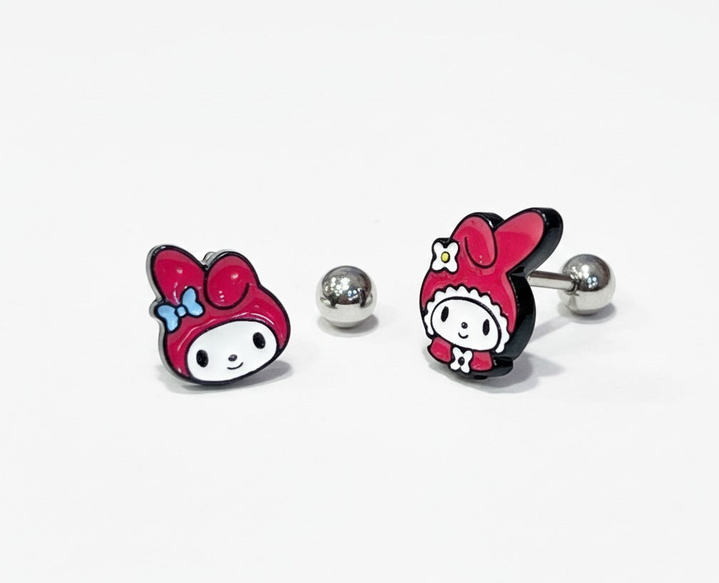 Product shot of two My Melody barbell stud earrings with surgical steel ball backs