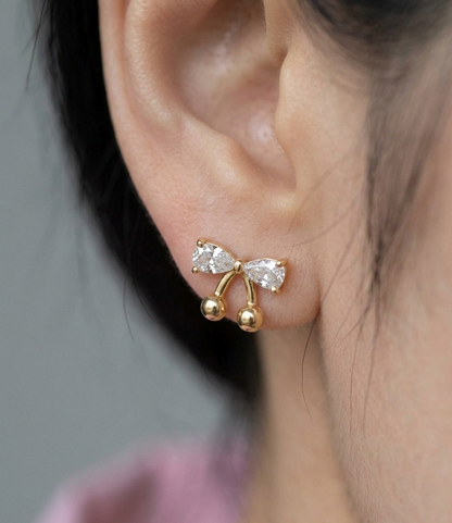 CZ Bow Cherry Stud Earrings – Sparkling Cubic Zirconia Ribbon with Ball Drop, Hypoallergenic, Gold & Silver