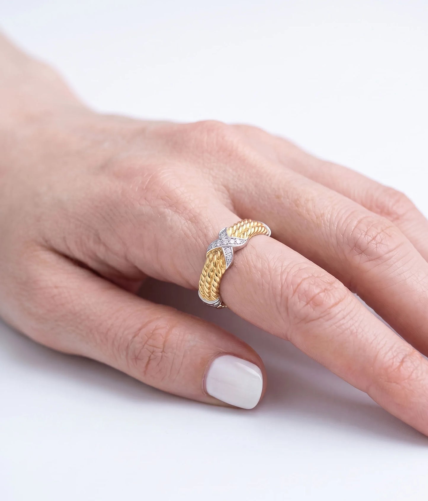 925 Sterling Silver Two-Tone Twisted Rope Band Ring with CZ X-Cross