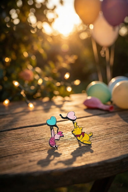 Pooh-Inspired Heart Balloon Two-Way Drop Earrings – Silver Post