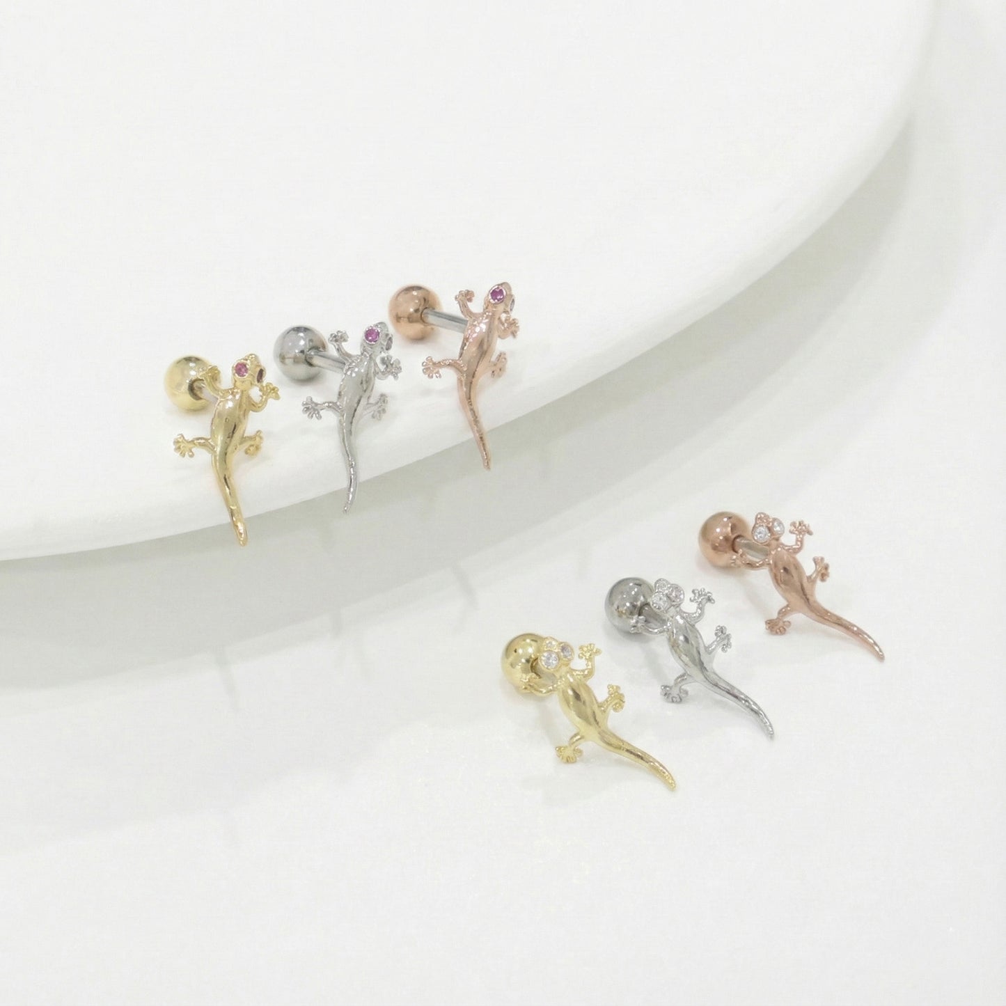 Six gecko lizard piercings with full pave cubic zirconia in gold silver rose gold, detailed animal studs