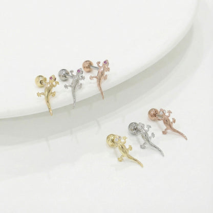 Six gecko lizard piercings with full pave cubic zirconia in gold silver rose gold, detailed animal studs
