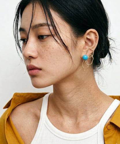 Turquoise Flower Asymmetrical Earrings | Gold Statement Earrings | K-Style Resort Jewelry