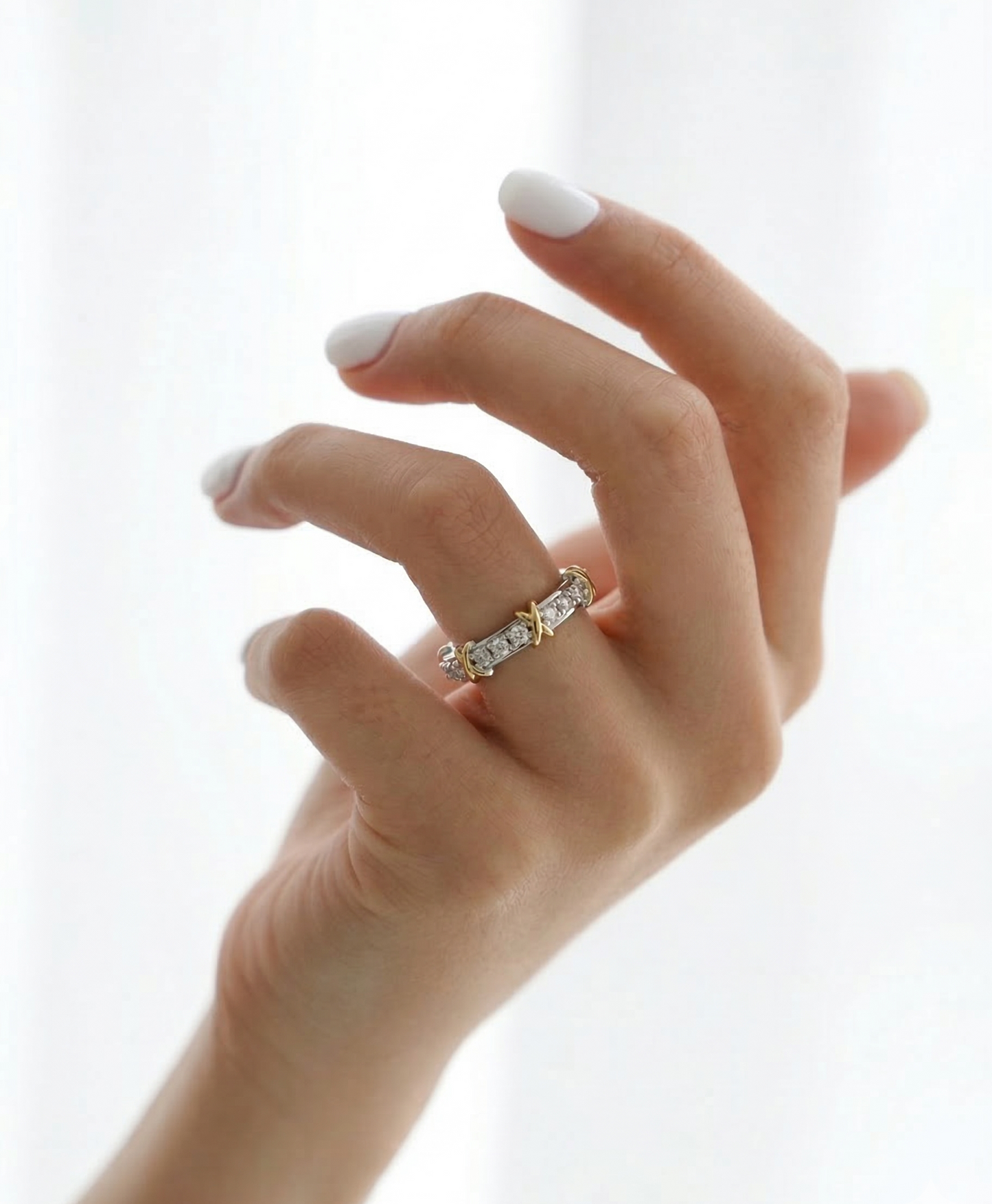 Two-Tone Sterling Silver Eternity Ring | CZ X-Cross Band Platinum Gold Plated