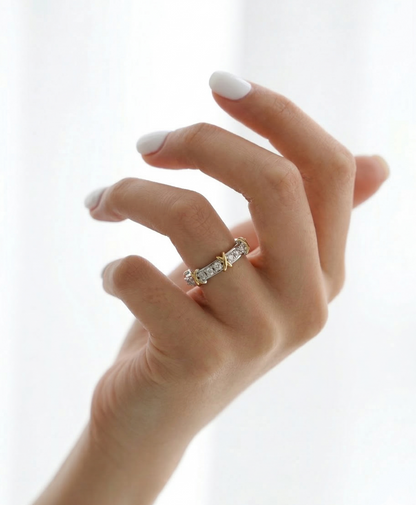 Two-Tone Sterling Silver Eternity Ring | CZ X-Cross Band Platinum Gold Plated