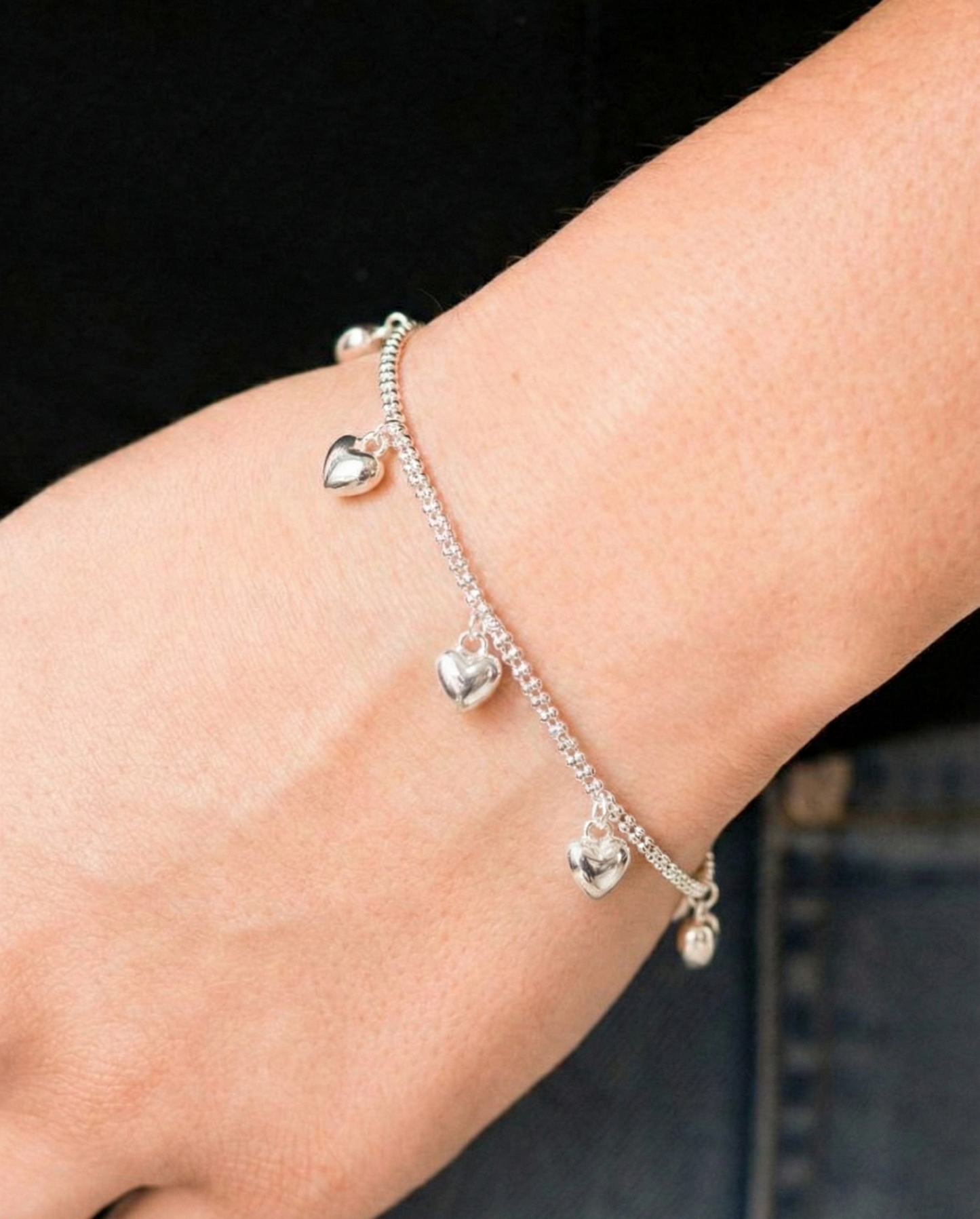 925 Sterling Silver Heart Charm Bracelet - Double Chain Puffed Hearts