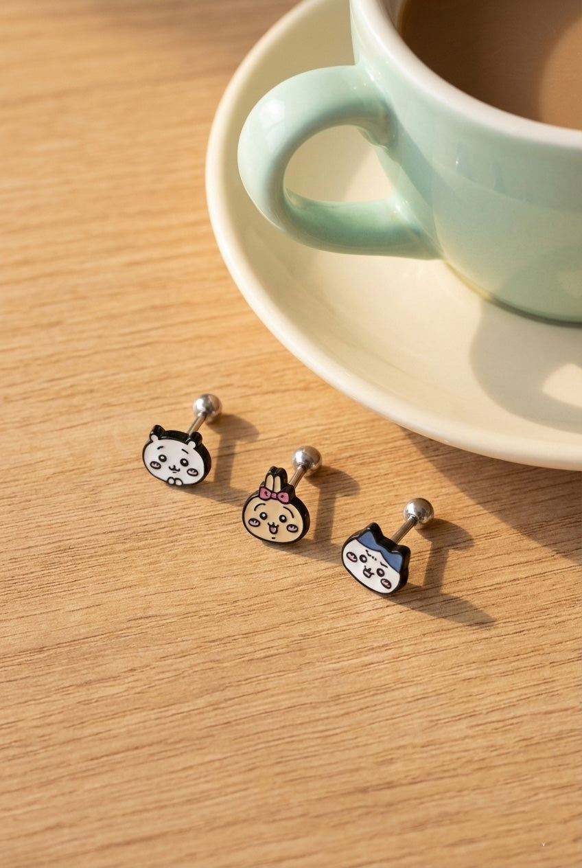 Chiikawa Enamel Brass Barbell Studs - Hachiware Usagi Cute Anime Character Earrings for Helix, Cartilage & Lobe Piercings