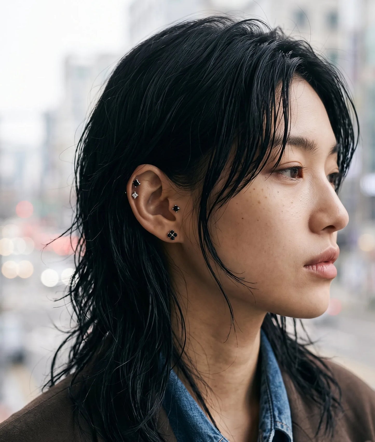 Black Clover Barbell Stud | Brass + Surgical Steel | K-Style Ear Stack (Single)
