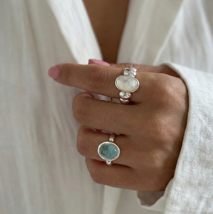 925 Sterling Silver Aquamarine Ring - Adjustable Natural Gemstone Open Ring