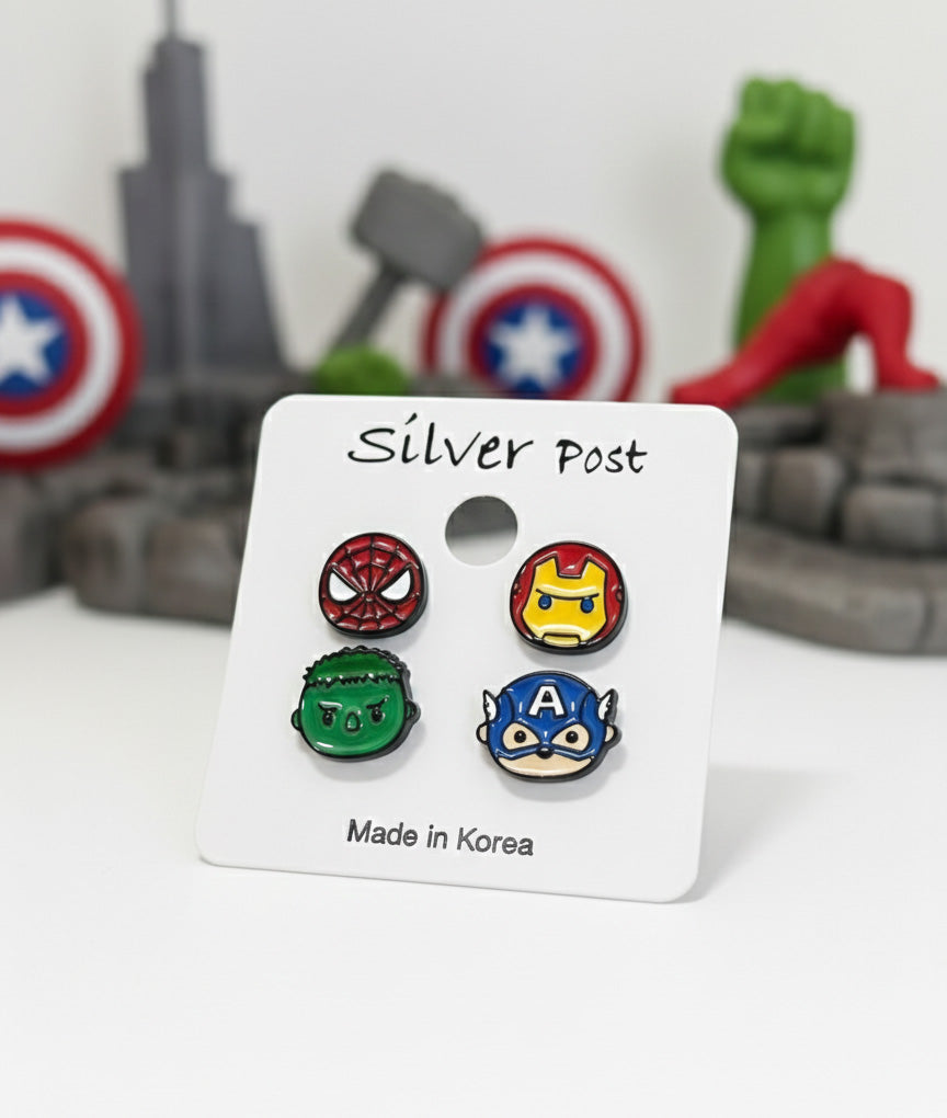 Marvel Avengers 4-piece earring set on display card labeled Silver Post Made in Korea with superhero figures background