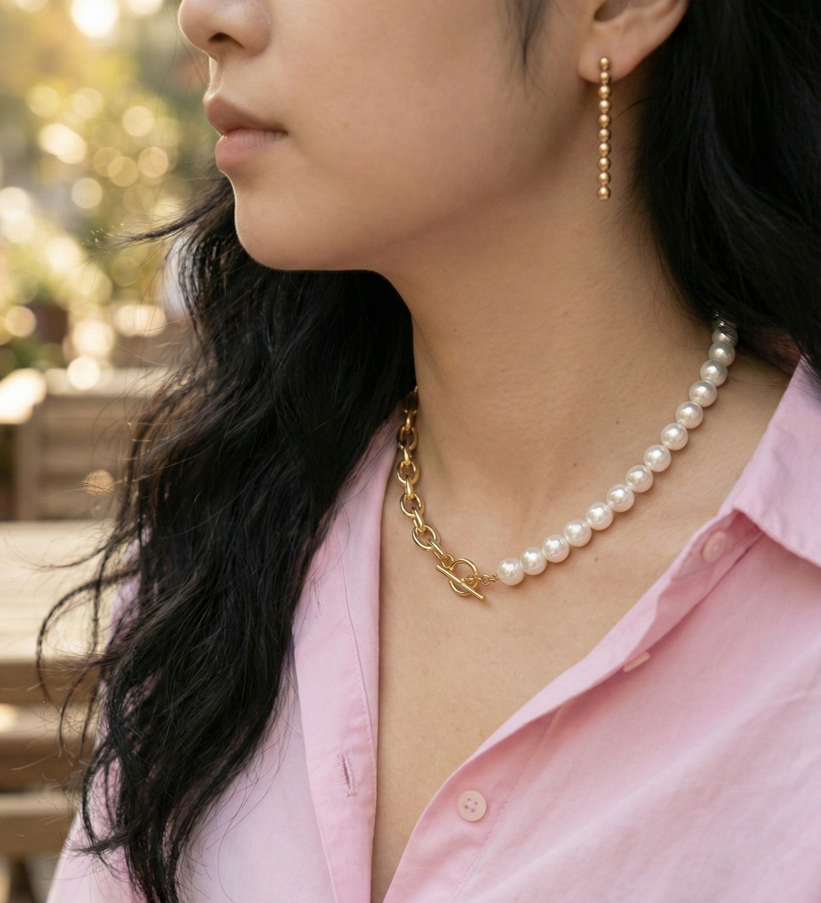  Half pearl half chain choker necklace with ball drop earrings on model