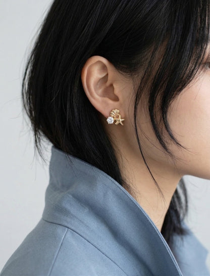 Mermaidcore Shell & Starfish Cubic Zirconia Stud Earrings | Hypoallergenic Titanium Post | Gold & Silver