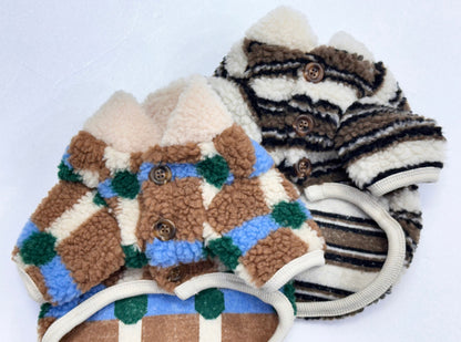Cozy Sherpa Fleece Dog Cardigan - Button-Up Winter Coat Check & Stripe