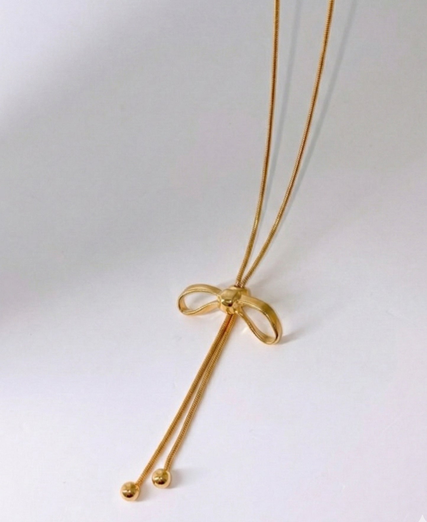 Adjustable Ribbon Bow Lariat Necklace - 65cm Snake Chain Y-Drop in Gold & Silver