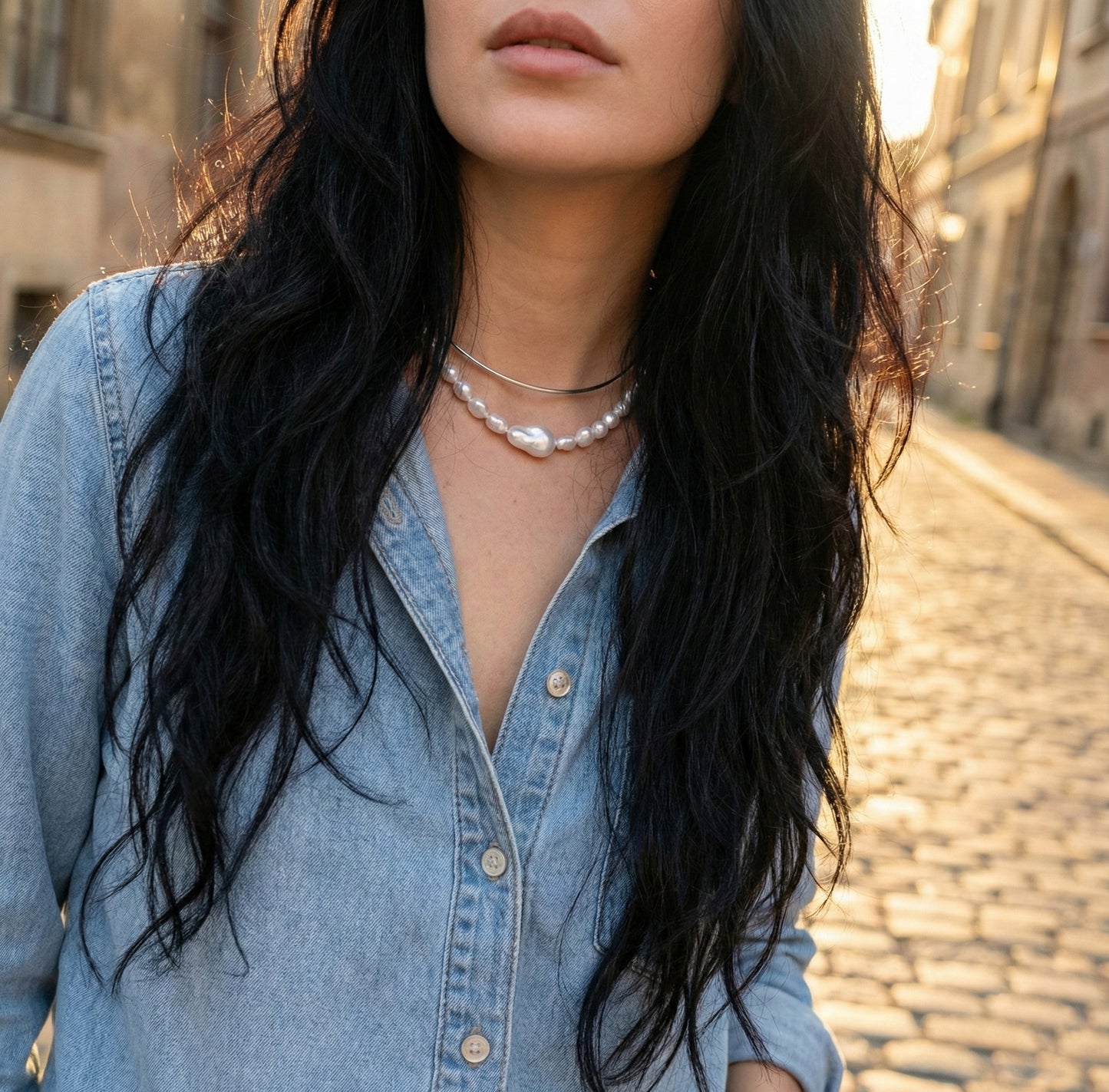 Double Strand Freshwater Pearl & Brass Wire Choker Necklace - Gold/Silver