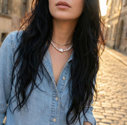 Double Strand Freshwater Pearl & Brass Wire Choker Necklace - Gold/Silver