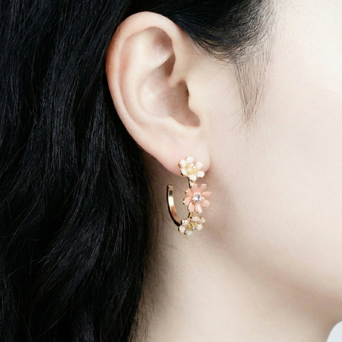 Korean Handmade Enamel Flower Hoop Earrings - Titanium Post (2 Colors)