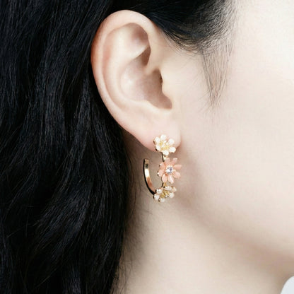 Korean Handmade Enamel Flower Hoop Earrings - Titanium Post (2 Colors)