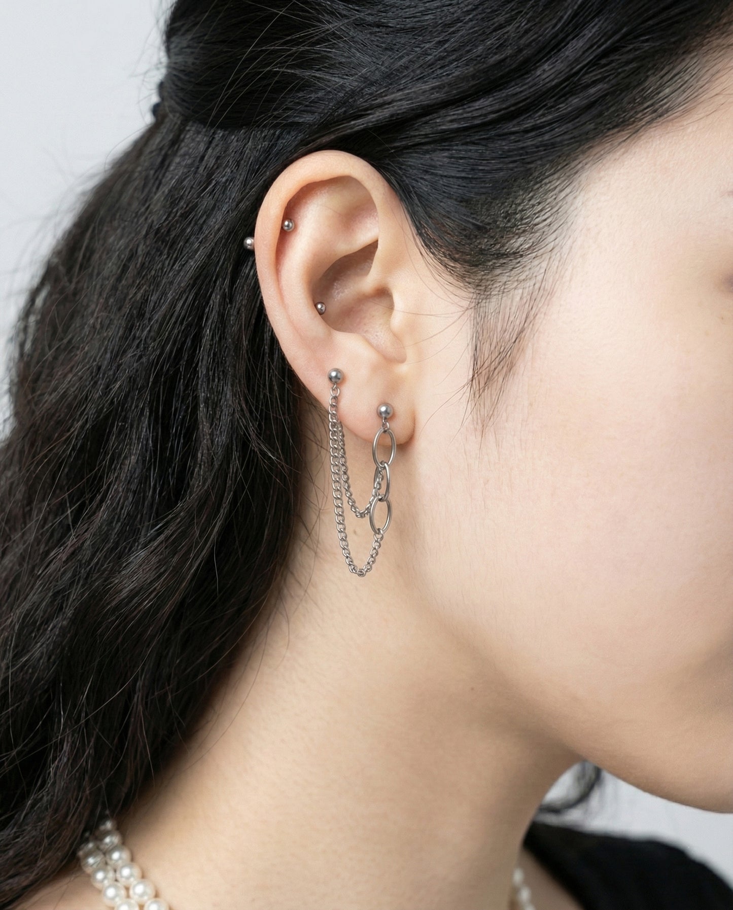 Surgical Steel Double Chain Piercing - Oval Mix Connected Barbell Studs