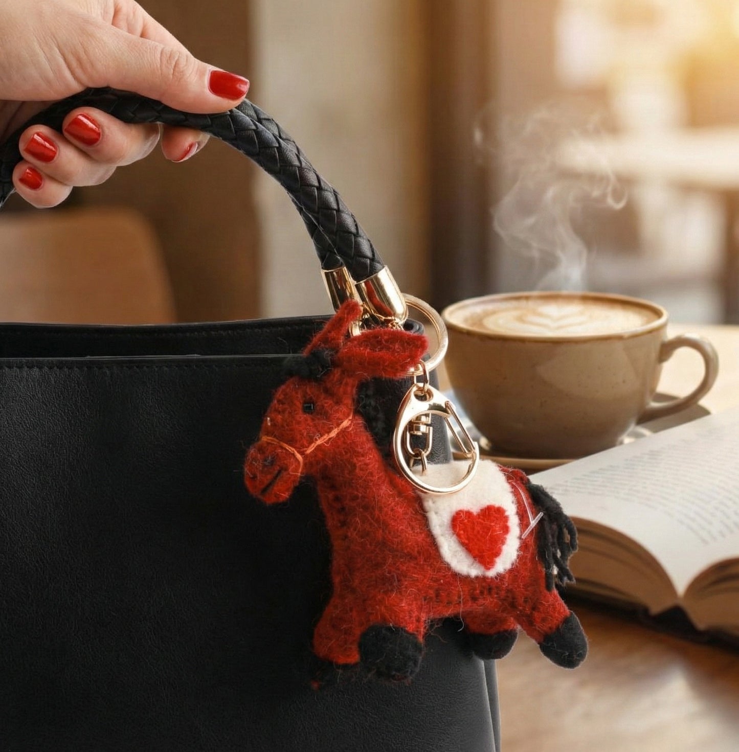 Red wool felt horse charm attached to black quilted leather purse handle